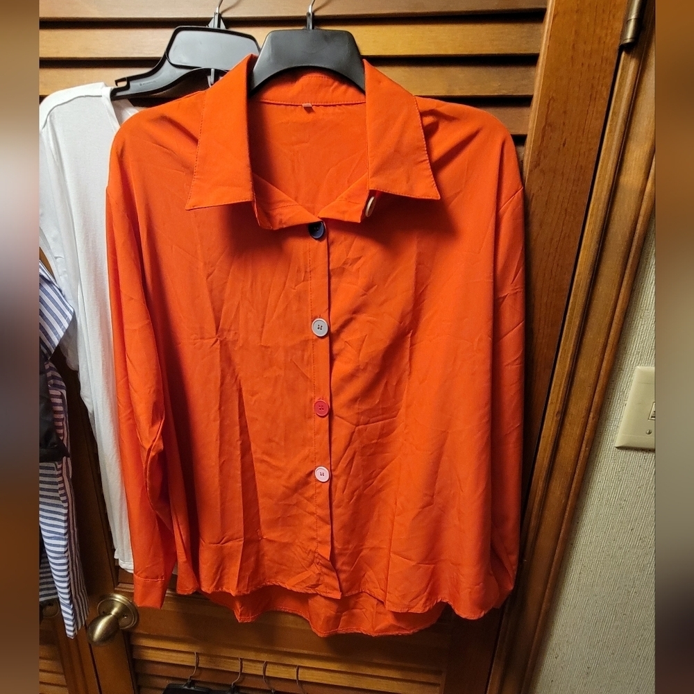 Long Sleeve Red Mixed Color Buttons Shirt XXL Button-Up